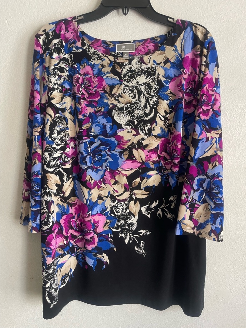 Women's Floral Scoop Neck Dress Top - Black with Blue, Pink & Cream Floral